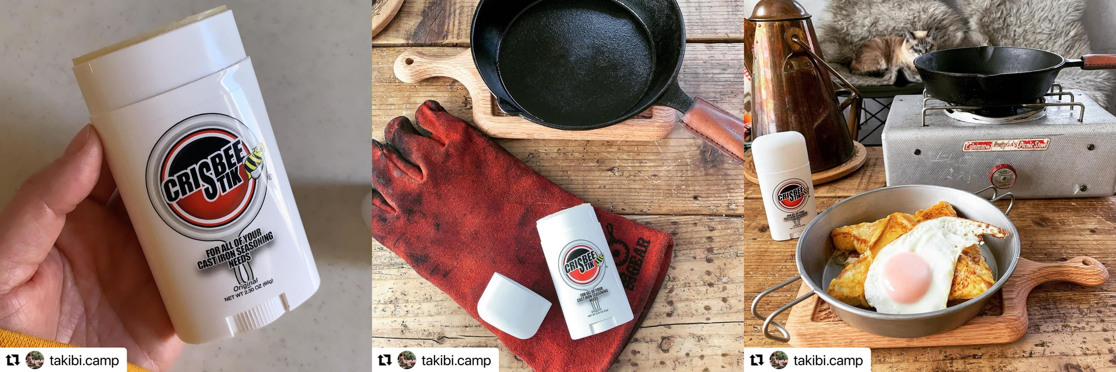 Photos by takibi.camp of their Crisbee Stik camp cooking with their cast iron skillet in Japan