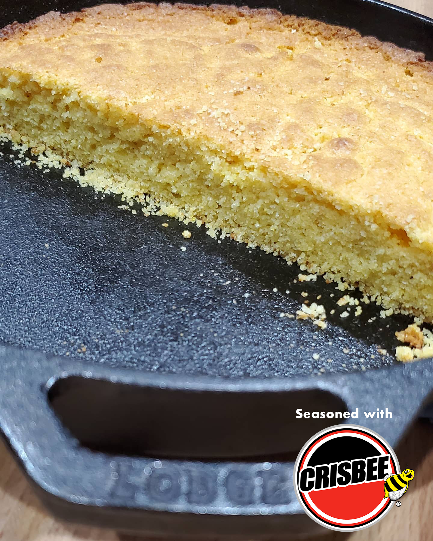 Cast iron skillet seasoned with Crisbee and then used to bake cornbread, completely non-stick