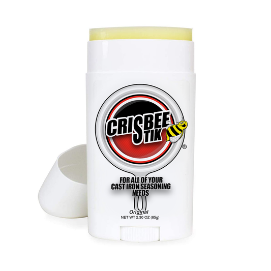 Crisbee Stik cast iron seasoning product is a blend of oils and beeswax dispensed in a tube to simplify seasoning cast iron cookware