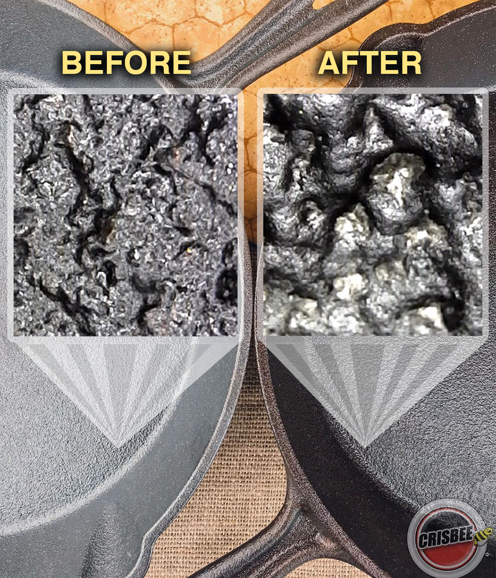 Cast iron skillets before and after seasoned with Crisbee