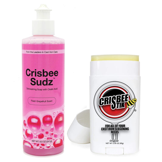 Crisbee Sudz and Crisbee Stik Display cast iron cleaning and seasoning kit from Crisbee